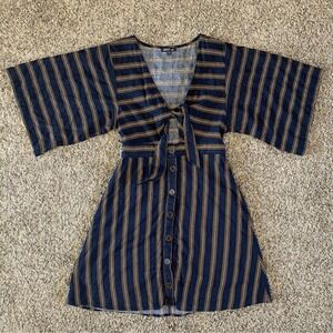Lunik Dress Womens Small Navy Mustard Striped Tie Front Button Boho